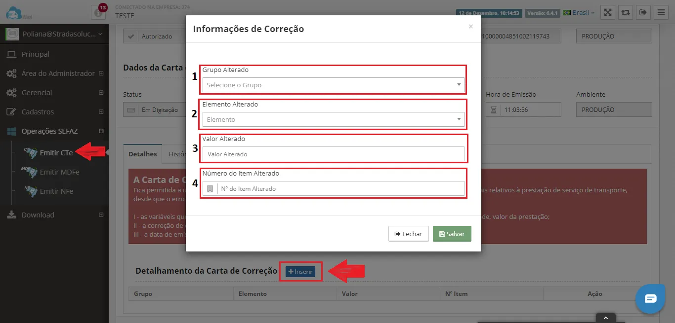Carta de Correção CT-e: Informações de Correção