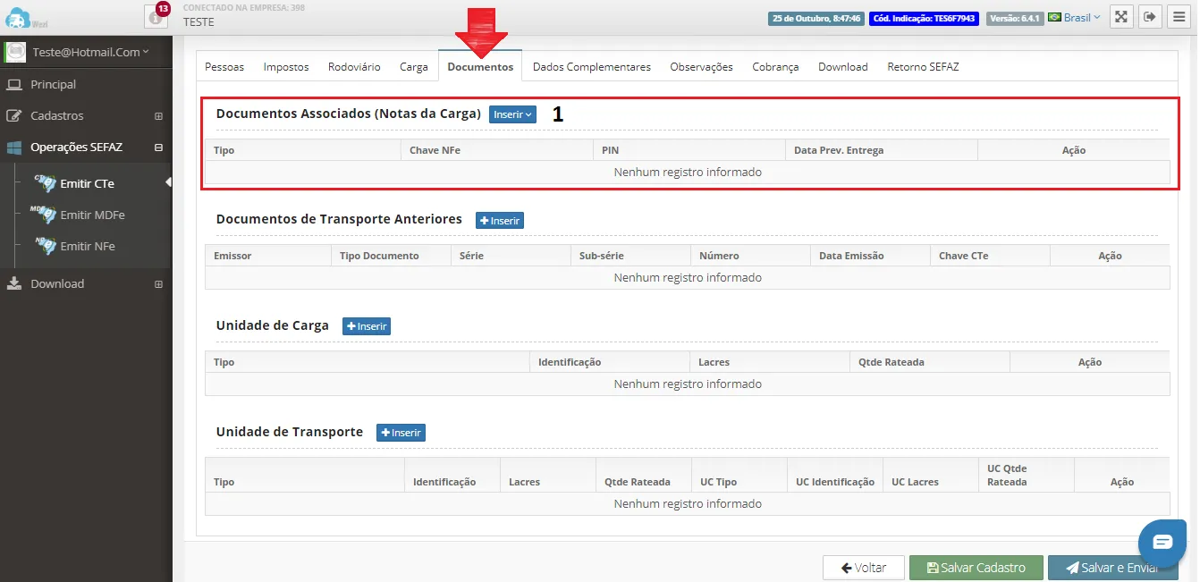 Emissão de CT-e Normal: Aba Documentos