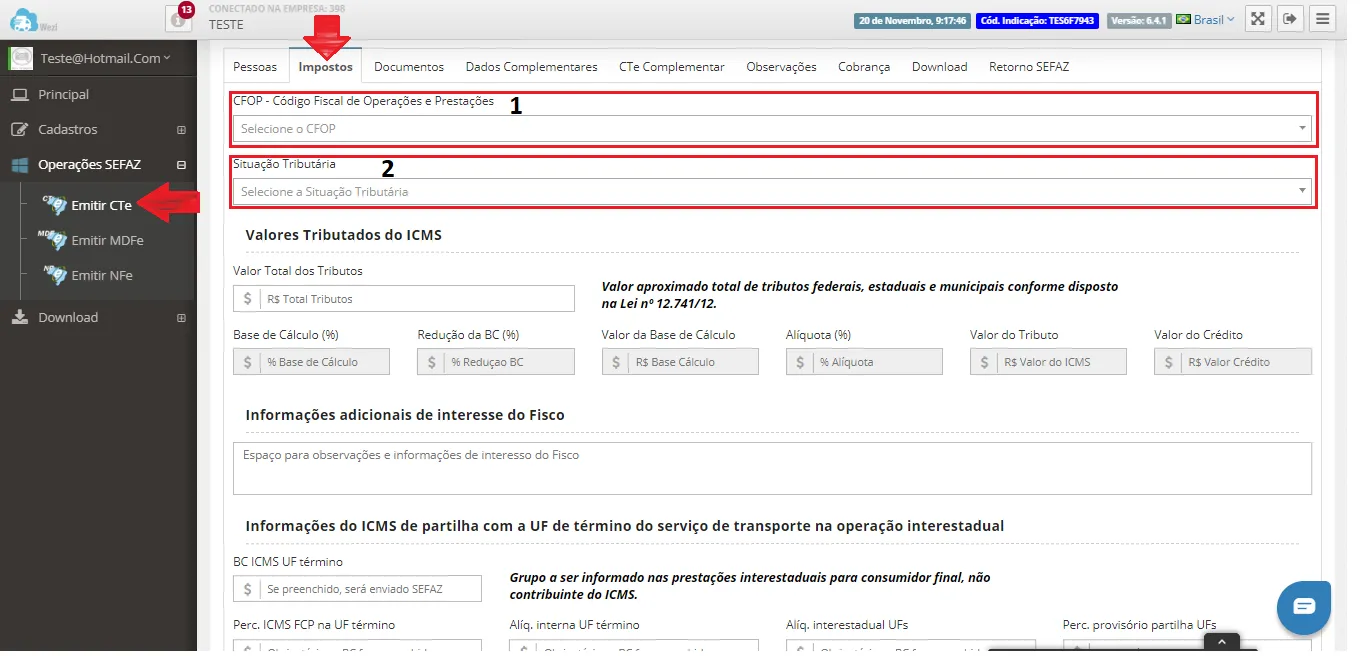Emissão de CT-e Complementar: Aba Impostos