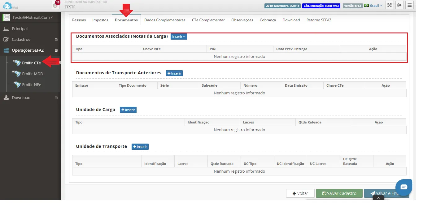 Emissão de CT-e Complementar: Aba Documentos