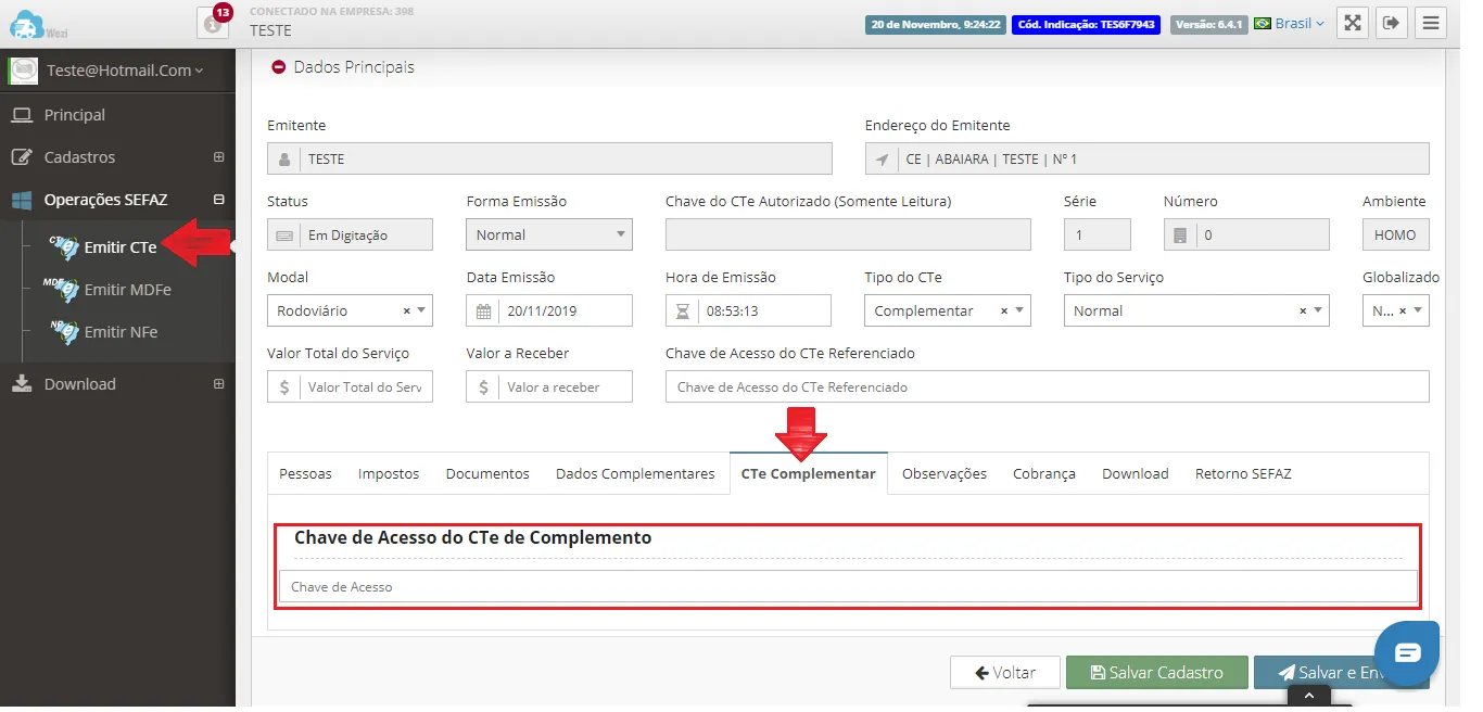 Emissão de CT-e Complementar: Aba CT-e Complementar