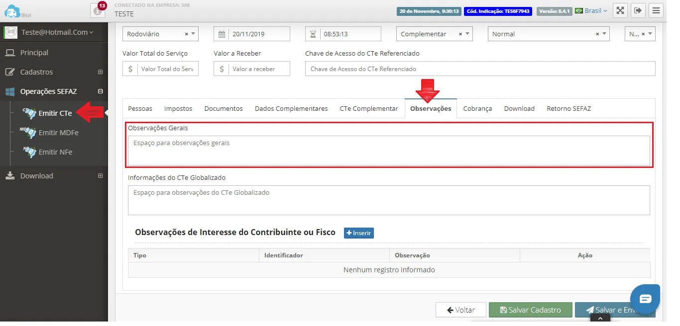 Emissão de CT-e Complementar: Observações