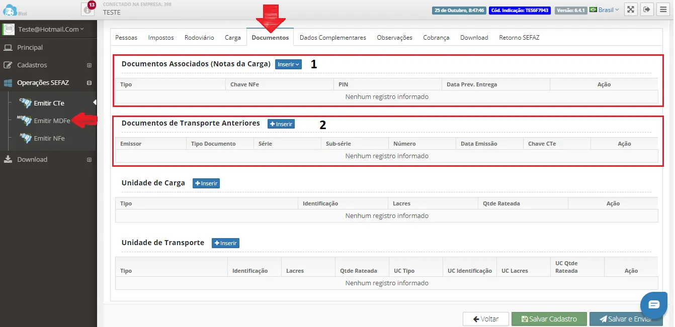 Emissão de CT-e de Subcontratação: Aba Documentos