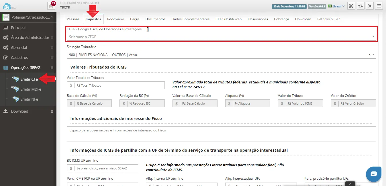 Emissão de CT-e de Substituição: Aba Impostos