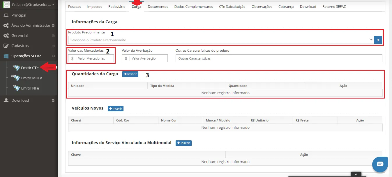 Emissão de CT-e de Substituição: Aba Carga
