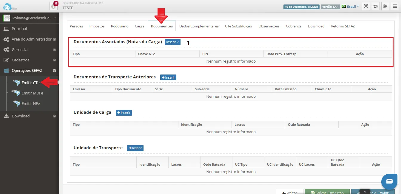 Emissão de CT-e de Substituição: Aba Documentos