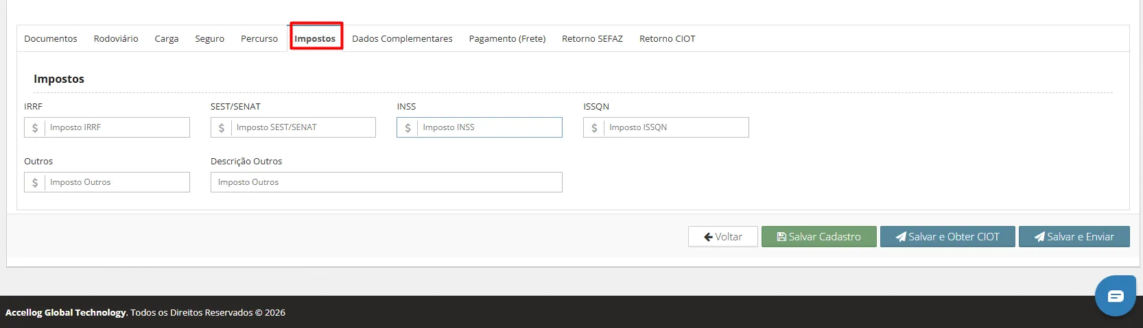 Emissão de MDF-e com CIOT: Aba Impostos