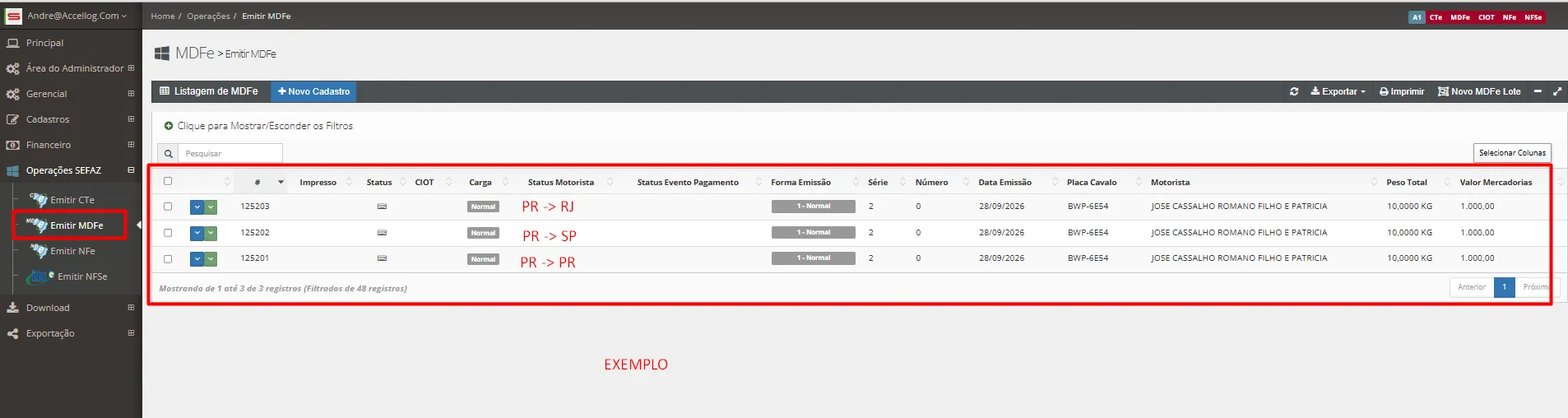 Listagem de MDF-e com três MDF-es salvos (PR para PR, PR para SP e PR para RJ), ainda sem envio