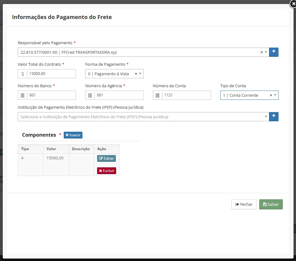 Emissão de MDF-e com CIOT: Aba Pagamento (Frete)