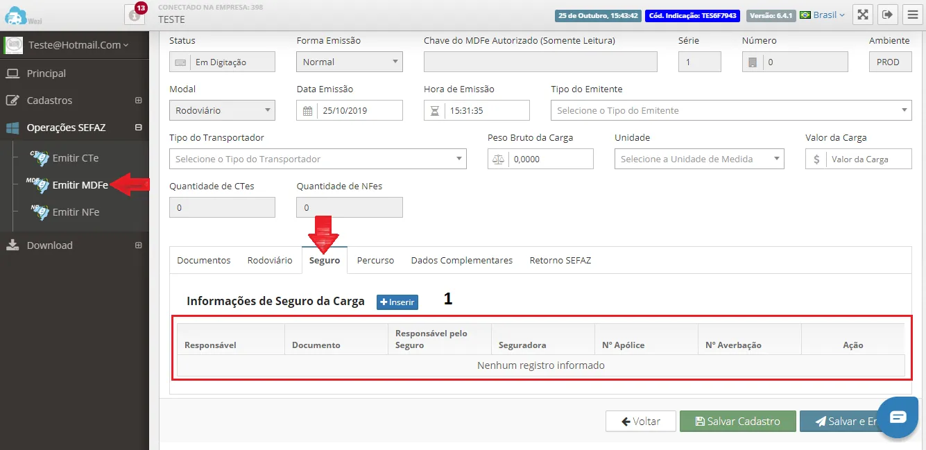 Emissão de MDF-e: Aba Seguro