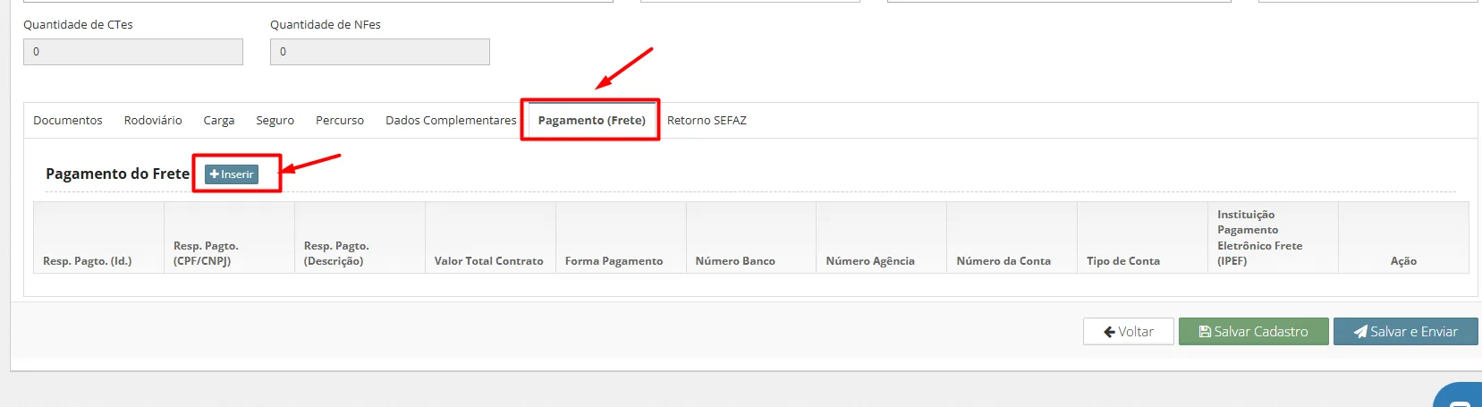 Emissão de MDF-e: Aba Pagamento (Frete)