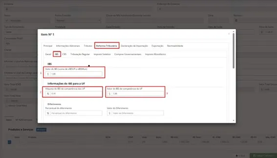 Emissão de NF-e Normal: Aba Reforma Tributária – IBS (Item)