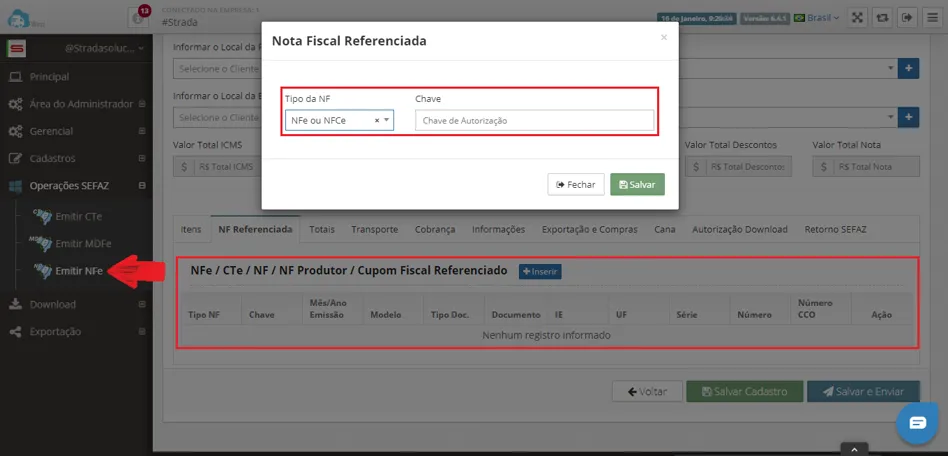 Emissão de NF-e Complementar: Aba NF Referenciada