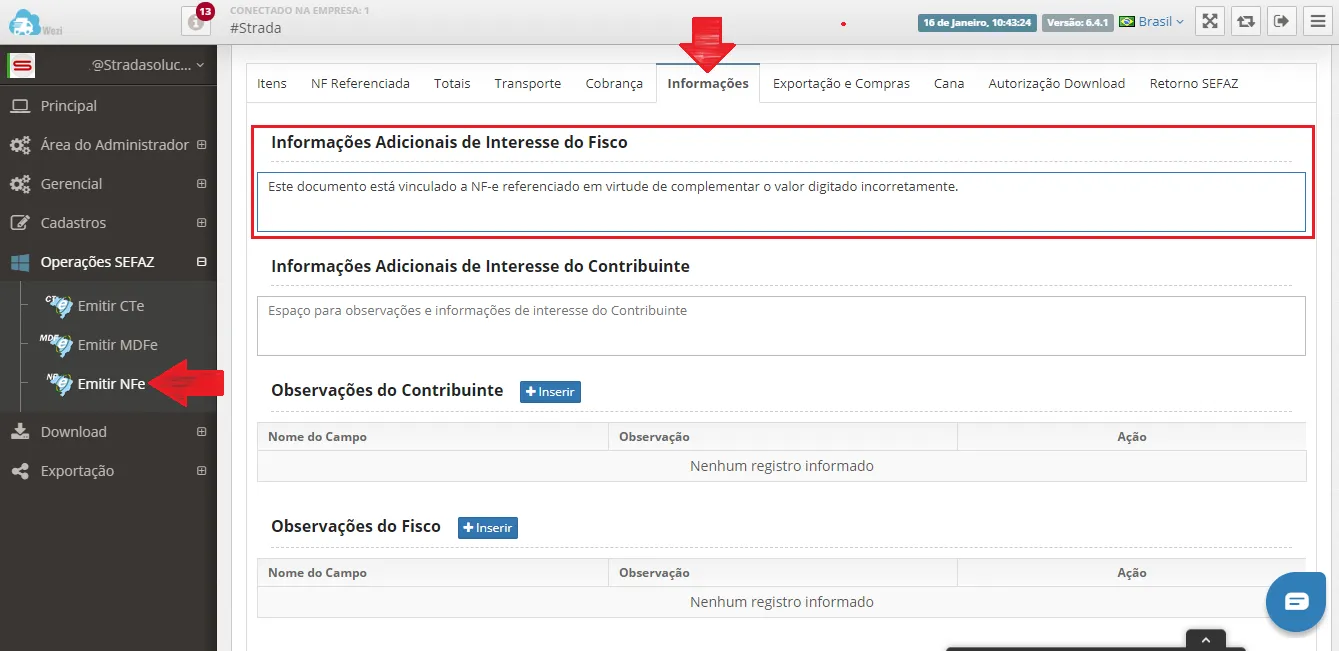 Emissão de NF-e Complementar: Aba Informações
