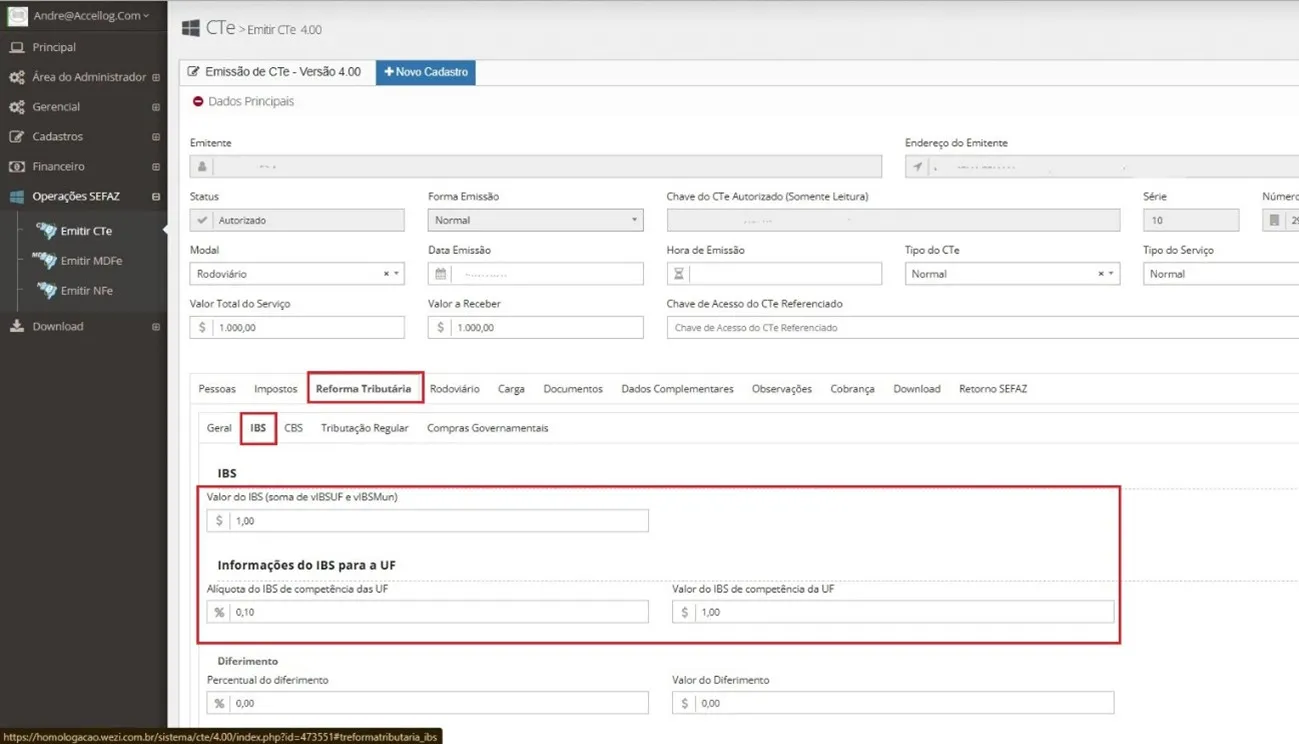 Emissão de CT-e Normal: Aba Reforma Tributária – IBS